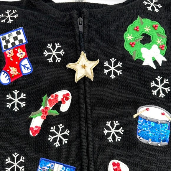Vintage Bechamel Petites Sequenced Christmas Zippered Sweater Black Size PM - Picture 5 of 11